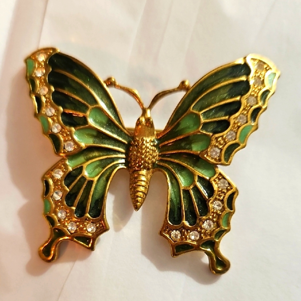 Vintage Butterfly Brooch Green Enamel Rhinestones Gold Tone Pin